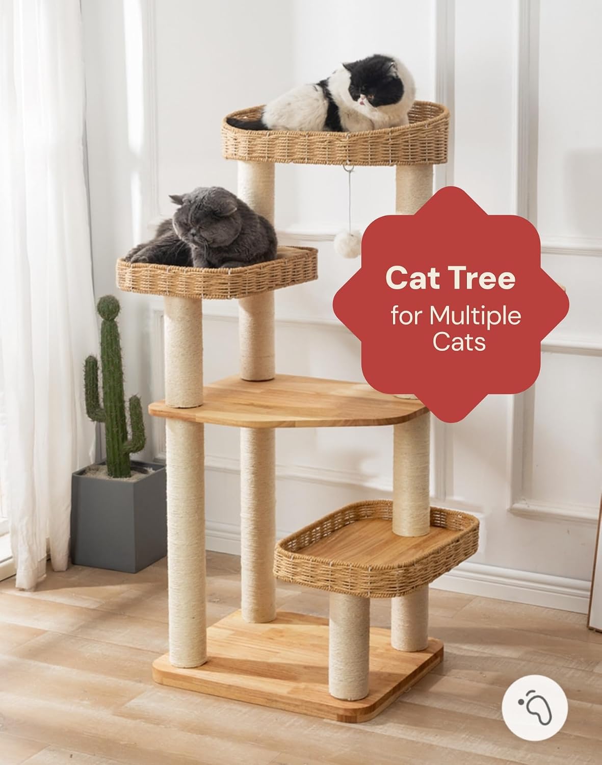 AUCT 24882 - $170 SHENGOCASE Modern Natural Wood Wooden Cat Tree Tower, 3 Large Rattan Wicker Basket Pe - Image 4