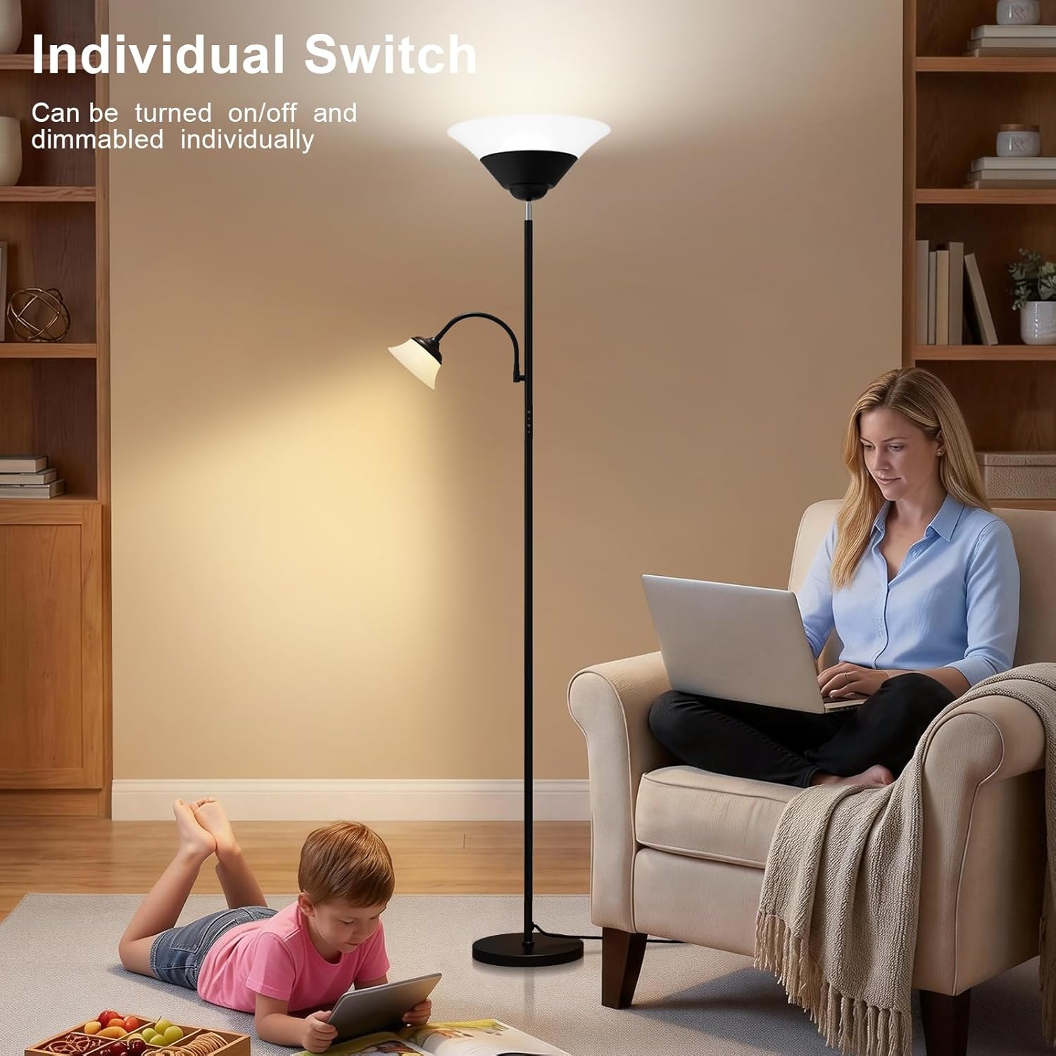 AUCT 23273 - $87 SIBRILLE 2-in-1 Torchiere Floor Lamp, 34W Super Bright LED Standing Lamp with Remote & - Image 3
