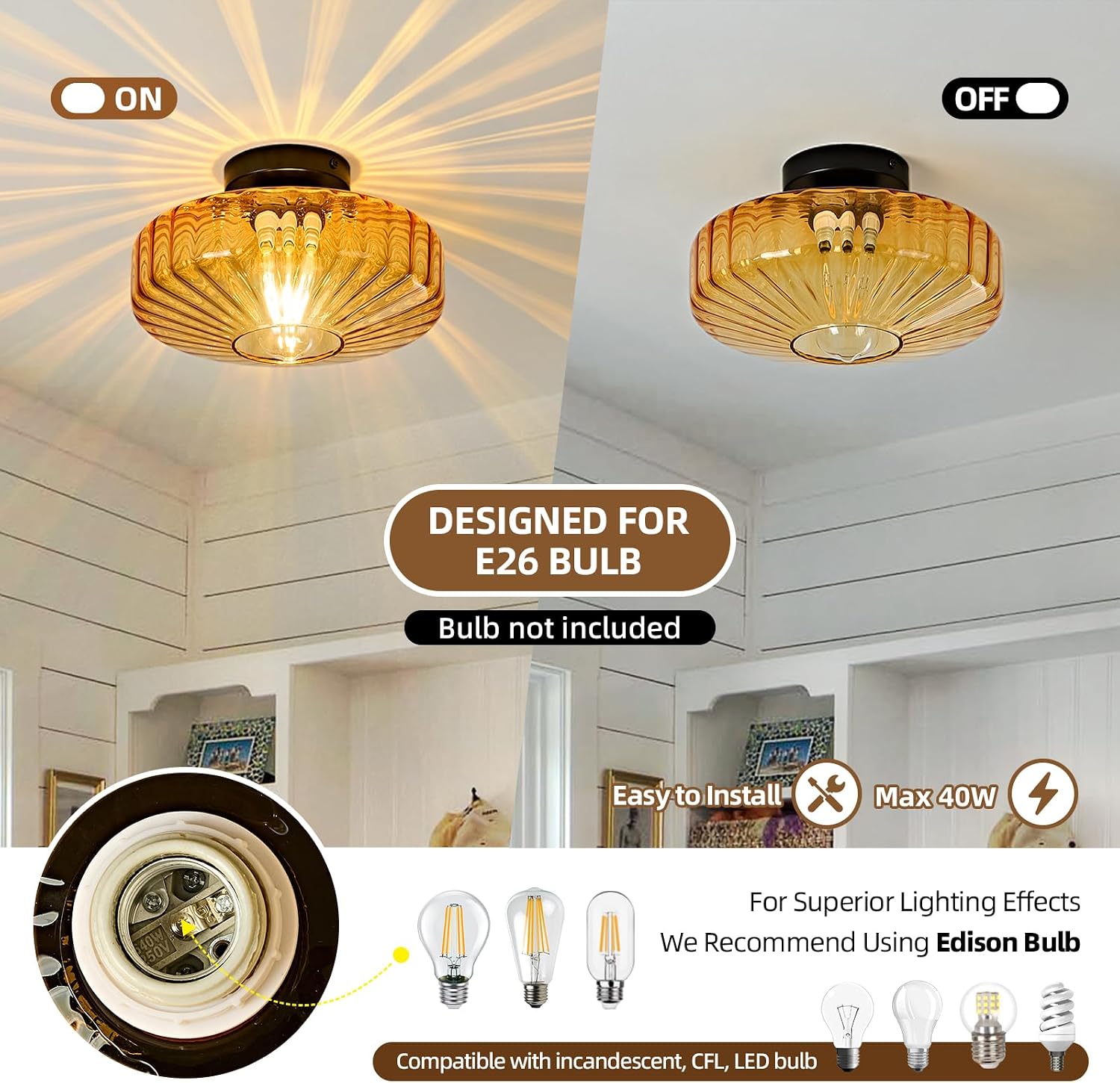 AUCT 23075 - $65 Glass Semi Flush Ceiling Lights - 12 Inch Vintage Amber Drum Mount Fixtures - Image 3