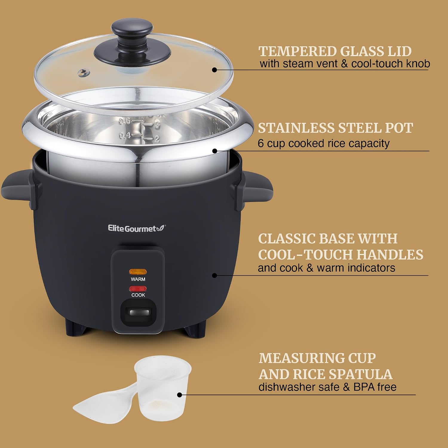 AUCT 23198 - Elite Gourmet ERC006SS 6-Cup Electric Rice Cooker with Stainless Steel Inner Pot, Makes So - Image 4