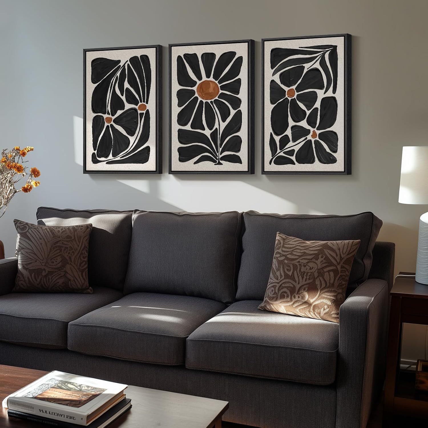 AUCT 22746 - $80 Framed Black and White Abstract Botanical Floral Wall Art, 3Piece 16x24 In - Image 2