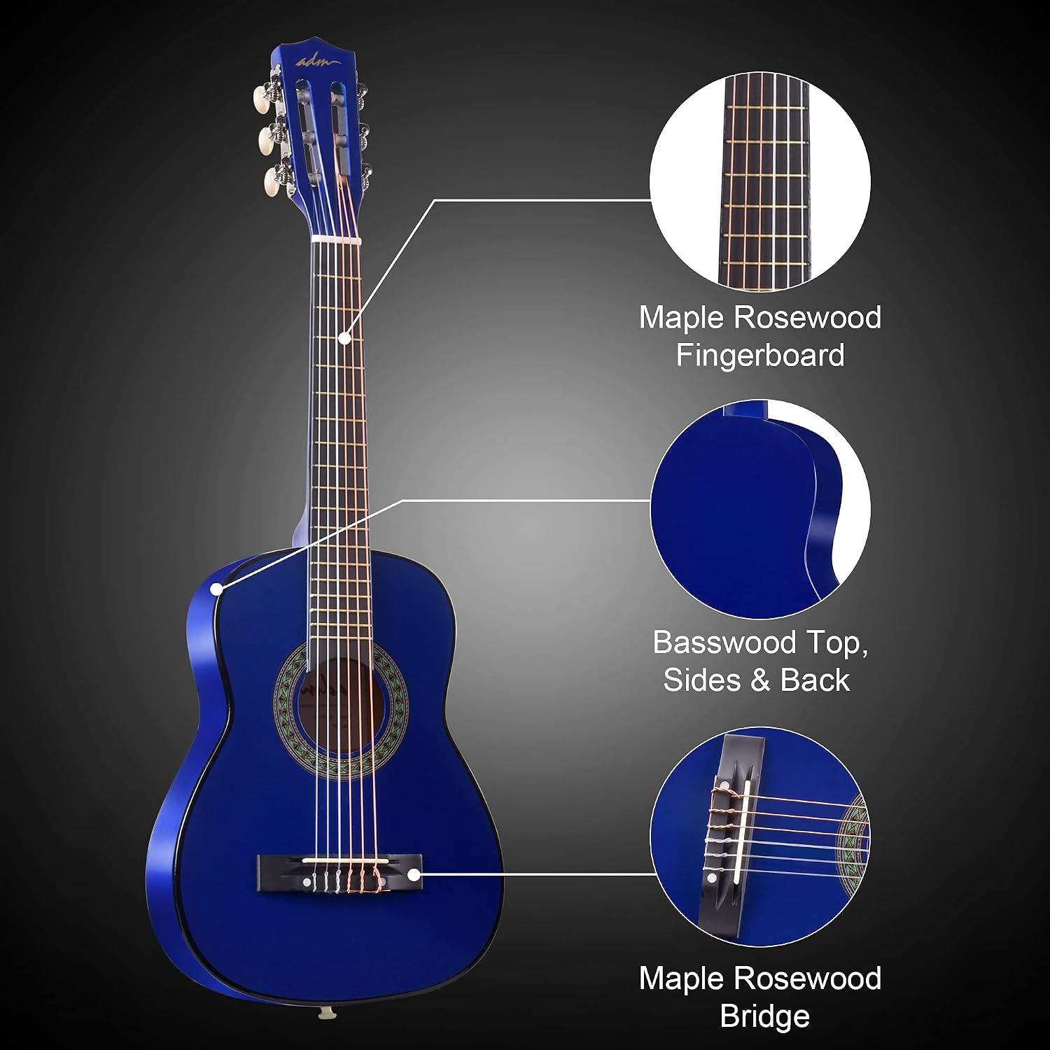 AUCT 23738 - $69 ADM Beginner Acoustic Classical Guitar 30 Inch Nylon Strings Wooden Guitar Bundle Kit - Image 3
