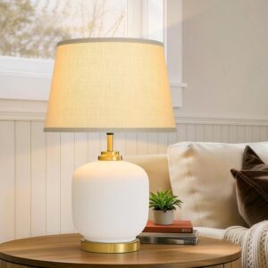 AUCT 24786 - $85 Farmhouse Ceramic Table Lamp: 23" Home Rustic Boho Ivory Pot Nightstand Lamps for Bedr