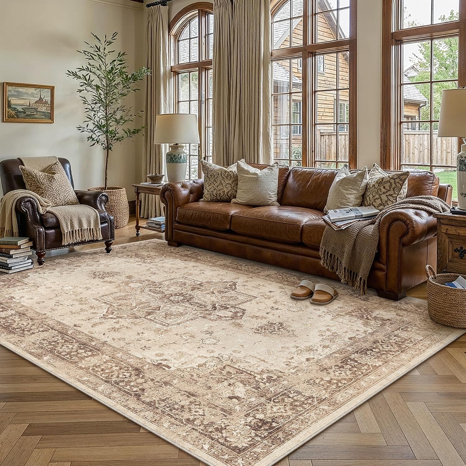 AUCT 23062 - $150 PureCozy Brown 5x7 Washable Area Rug Living Room Vintage Oriental Carpet