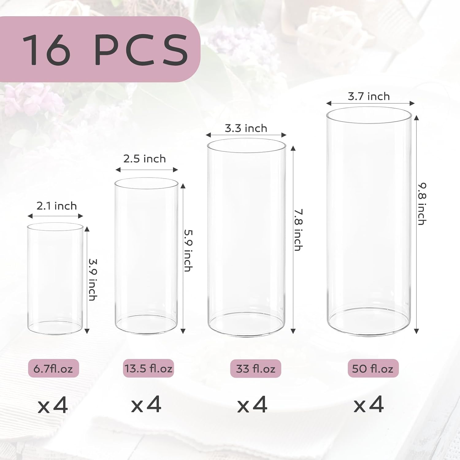 AUCT 23165 - 16 Pcs Cylinder Vases Set, 4,6,8,10 Inch Tall Clear Glass Vases for Centerpieces, Modern F - Image 2