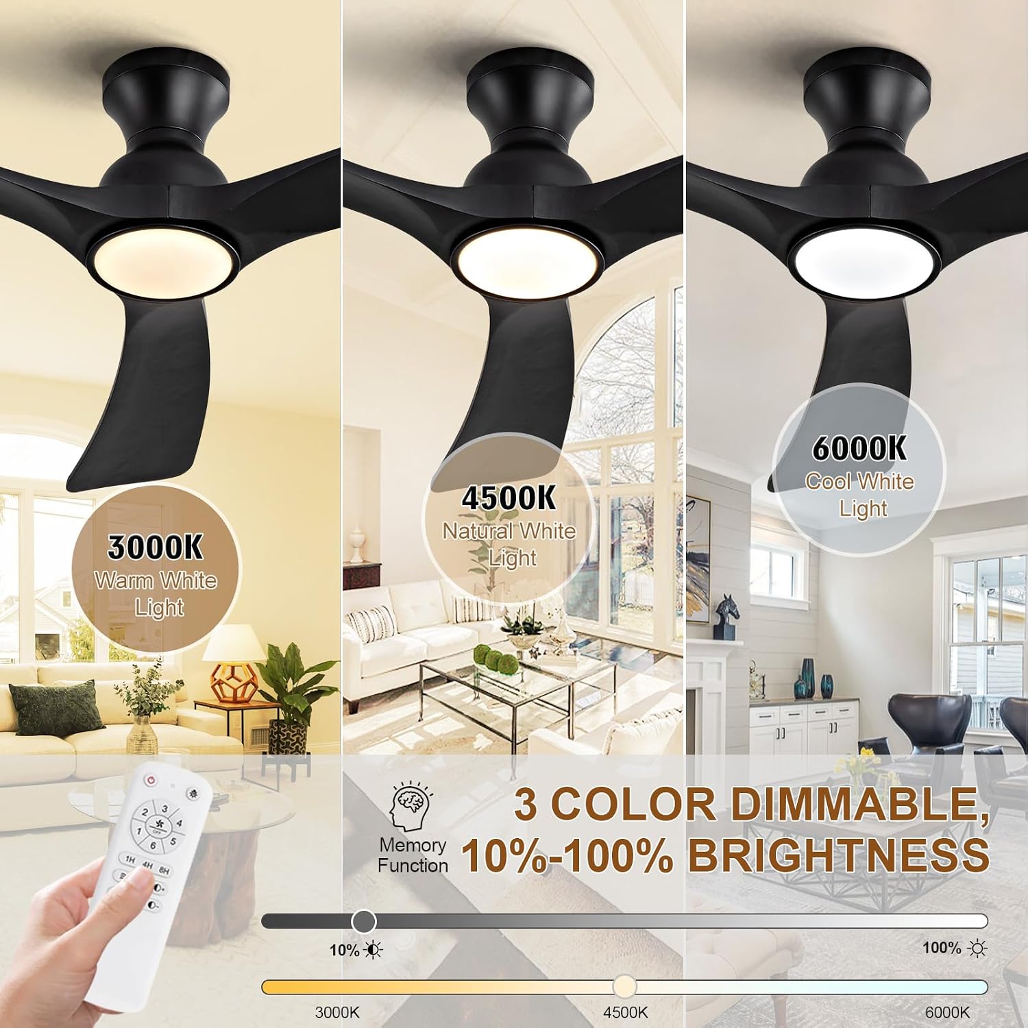 AUCT 24885 - $89 Black Ceiling Fans with Lights Flush Mount,52 inch Solid Wood,Remote Control,Wall Swit - Image 3