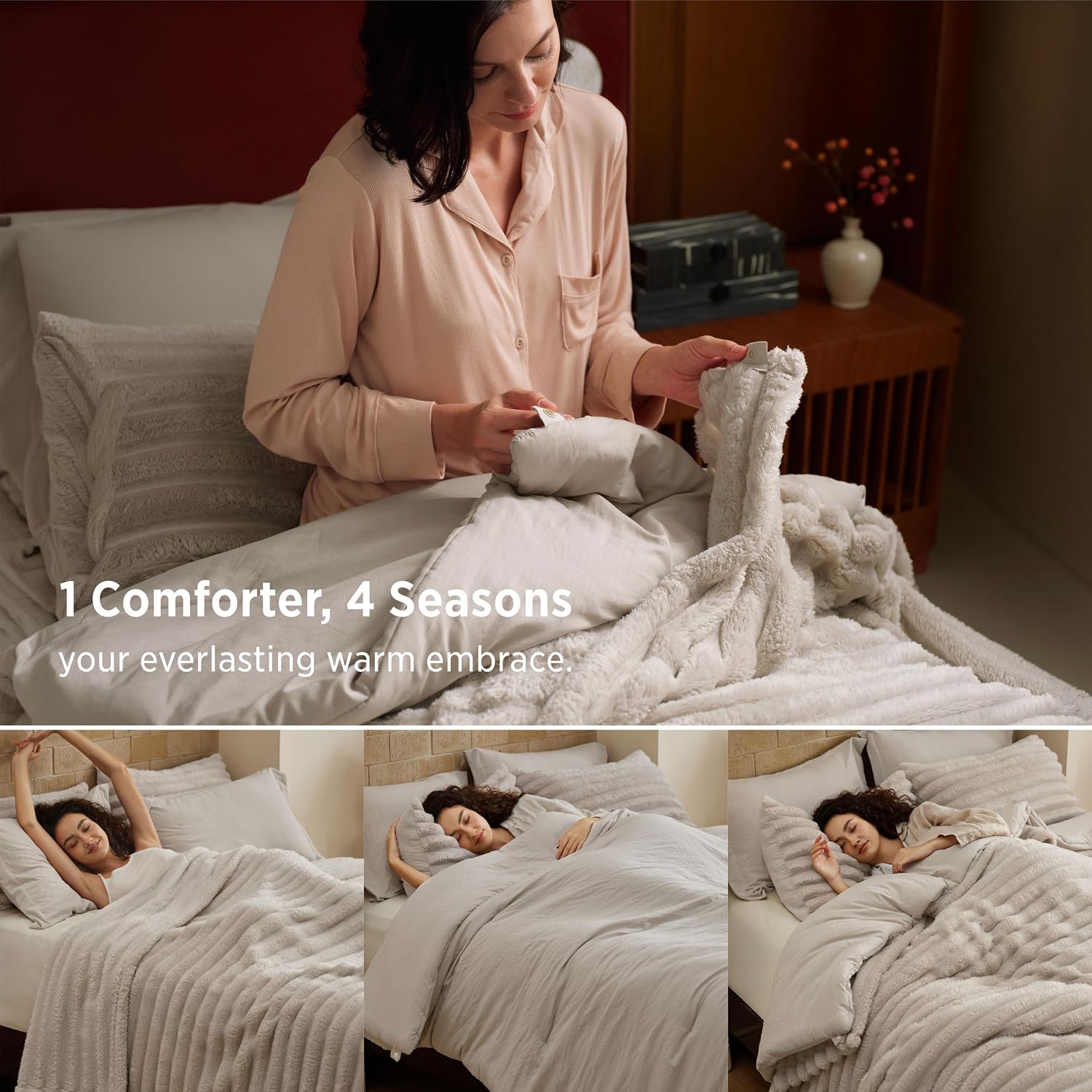 AUCT 23756 - $60 Bedsure 2-in-1 Comforter Set with Detachable Fleece Blanket, Beige Queen - Image 2