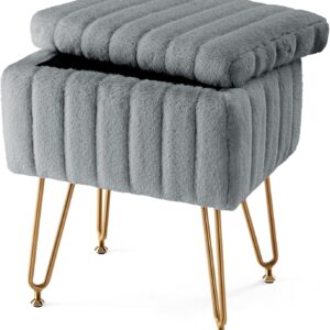 AUCT 23223 - Sweetcrispy Vanity Stool Chair with Storage, 18.9"H x 16"L x 12.2"W Ottoman Chair Faux Fur