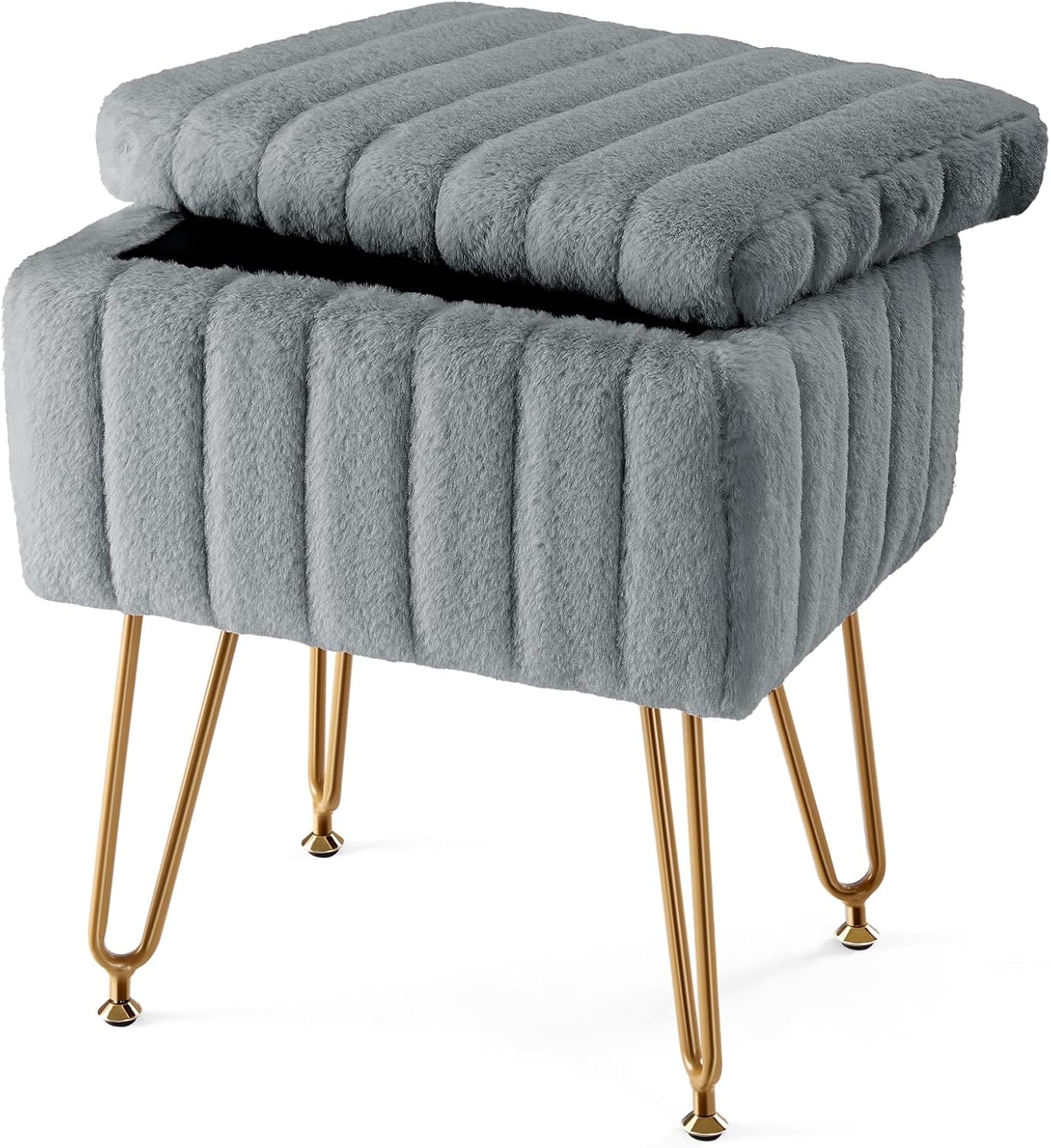 AUCT 23223 - Sweetcrispy Vanity Stool Chair with Storage, 18.9"H x 16"L x 12.2"W Ottoman Chair Faux Fur