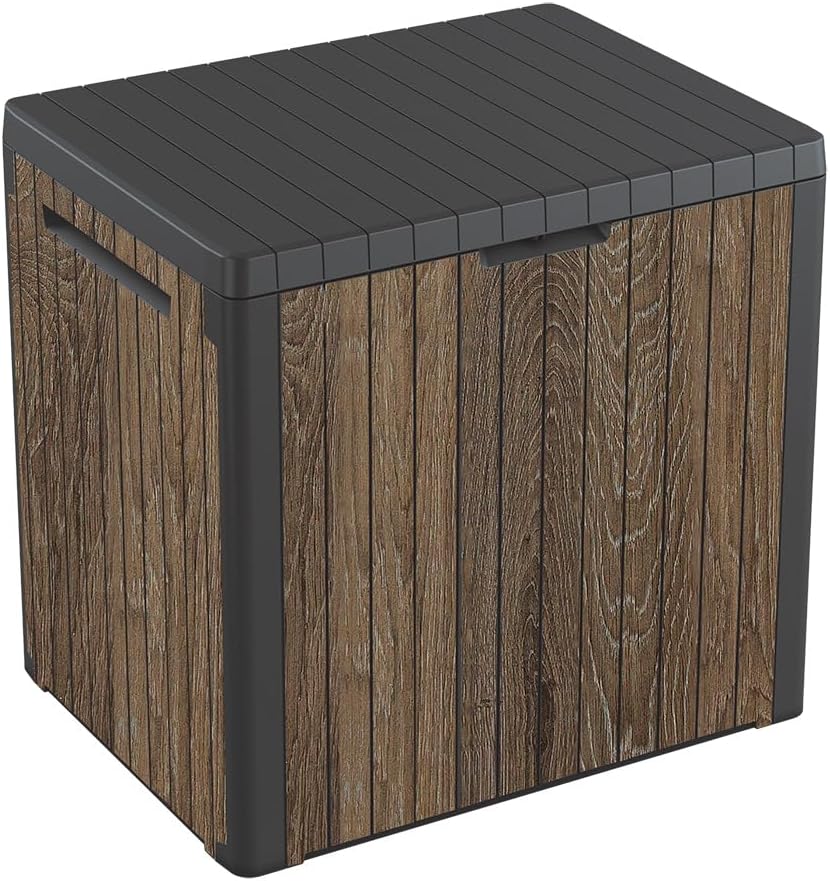 AUCT 24844 - $59 Keter Premium Everwood 30 Gal Outdoor Storage Box and Patio Side Table