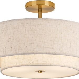 AUCT 23040 - $80 CALOKES 16" Double Drum Gold 3-Light Semi Flush Mount Ceiling Light, Classic Fabric Li