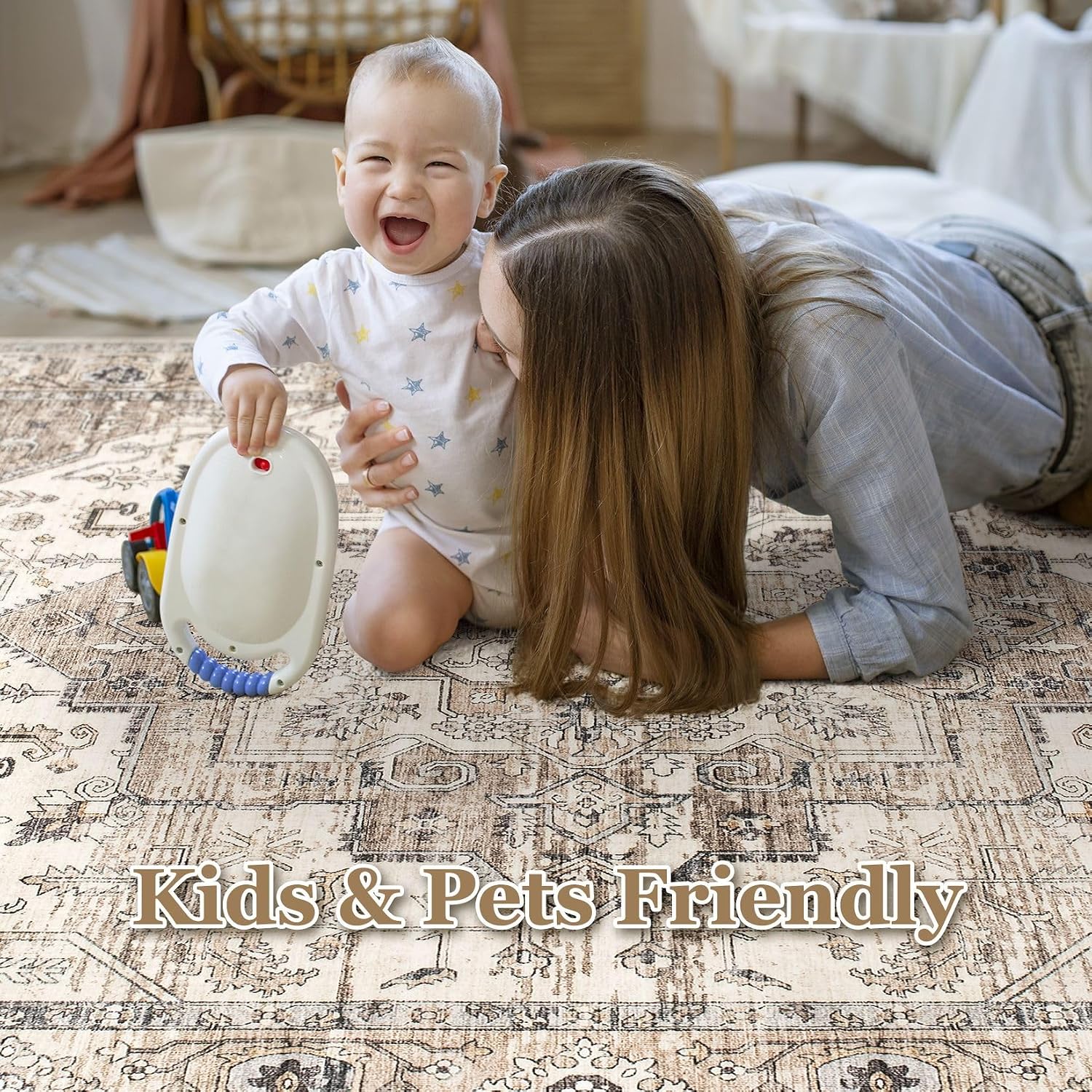 AUCT 22829 - $93 8x10 Area Rugs for Living Room: Washable Vintage Tea Brown Rug - Image 3