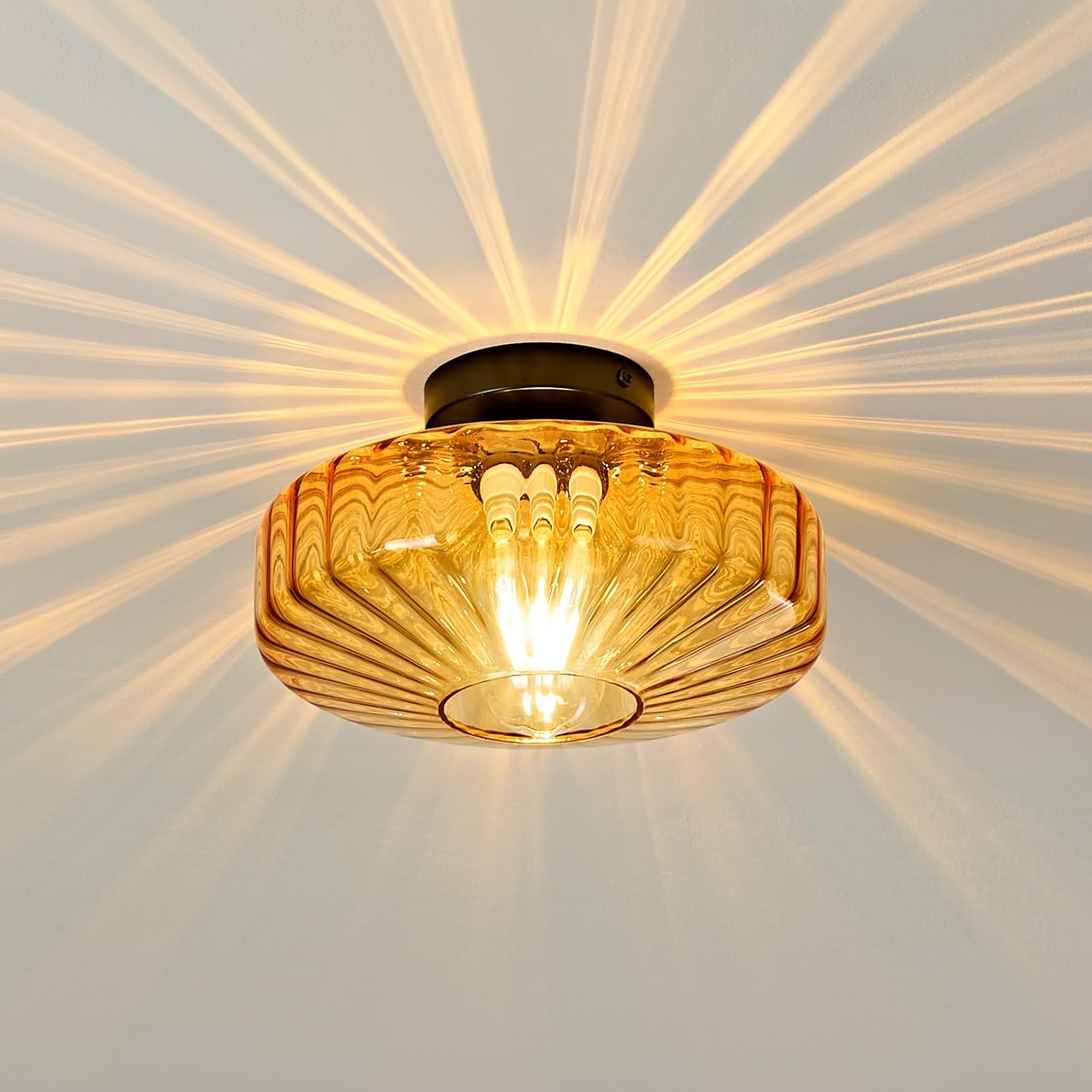 AUCT 23075 - $65 Glass Semi Flush Ceiling Lights - 12 Inch Vintage Amber Drum Mount Fixtures