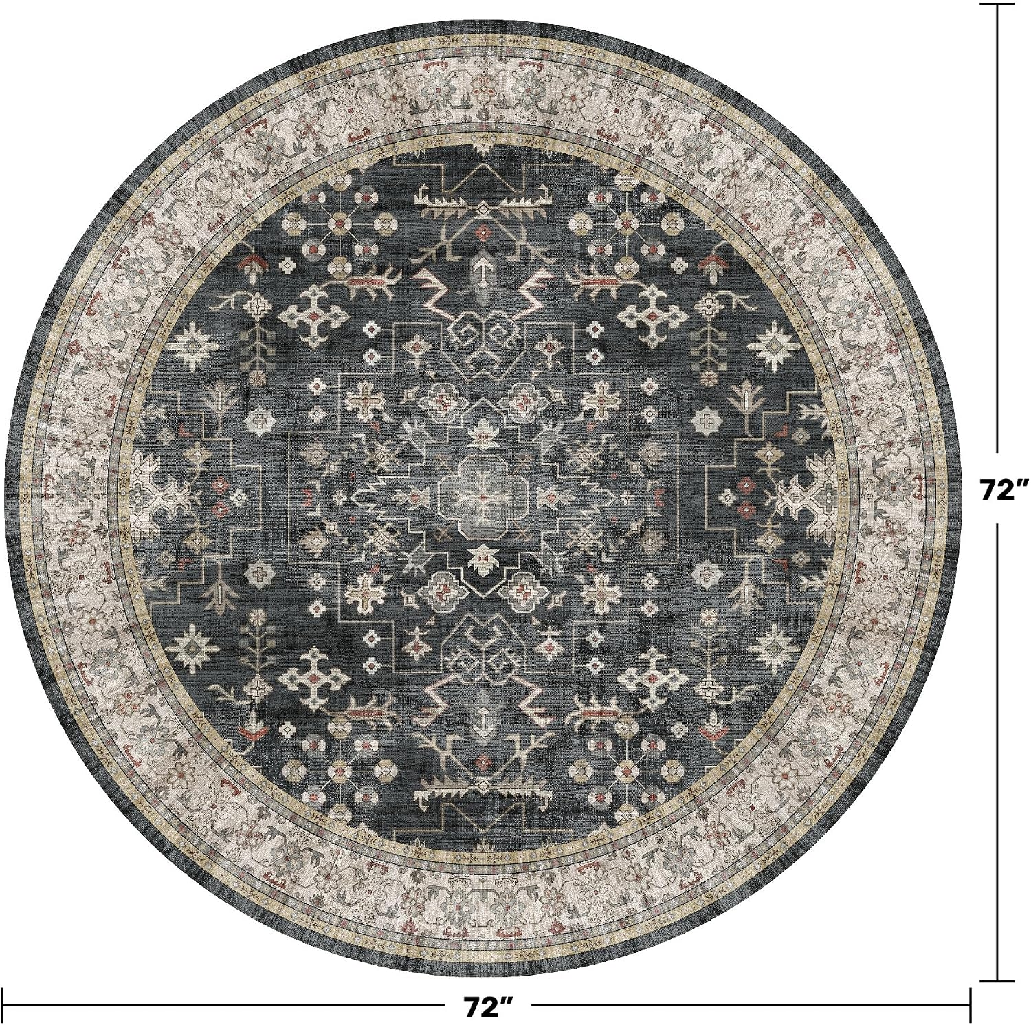 AUCT 22915 - $70 Black Boho Living Room Round Rug 6ft - Washable Dark Vintage Moody Low Pile Non Slip C - Image 2