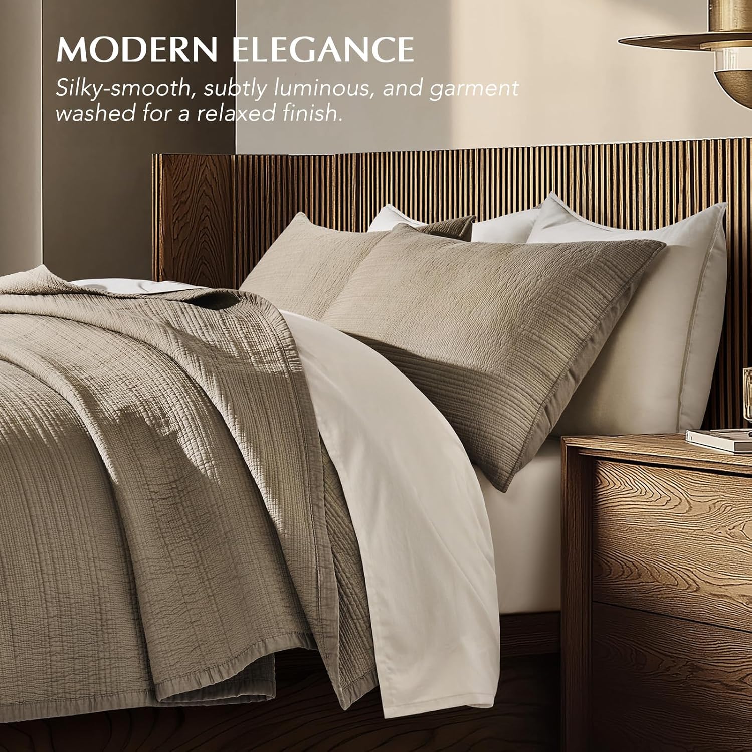 AUCT 23110 - $120 EVERGRACEHOME Cotton Sateen Channel Quilt Set, King Size, Stone Taupe - Image 4