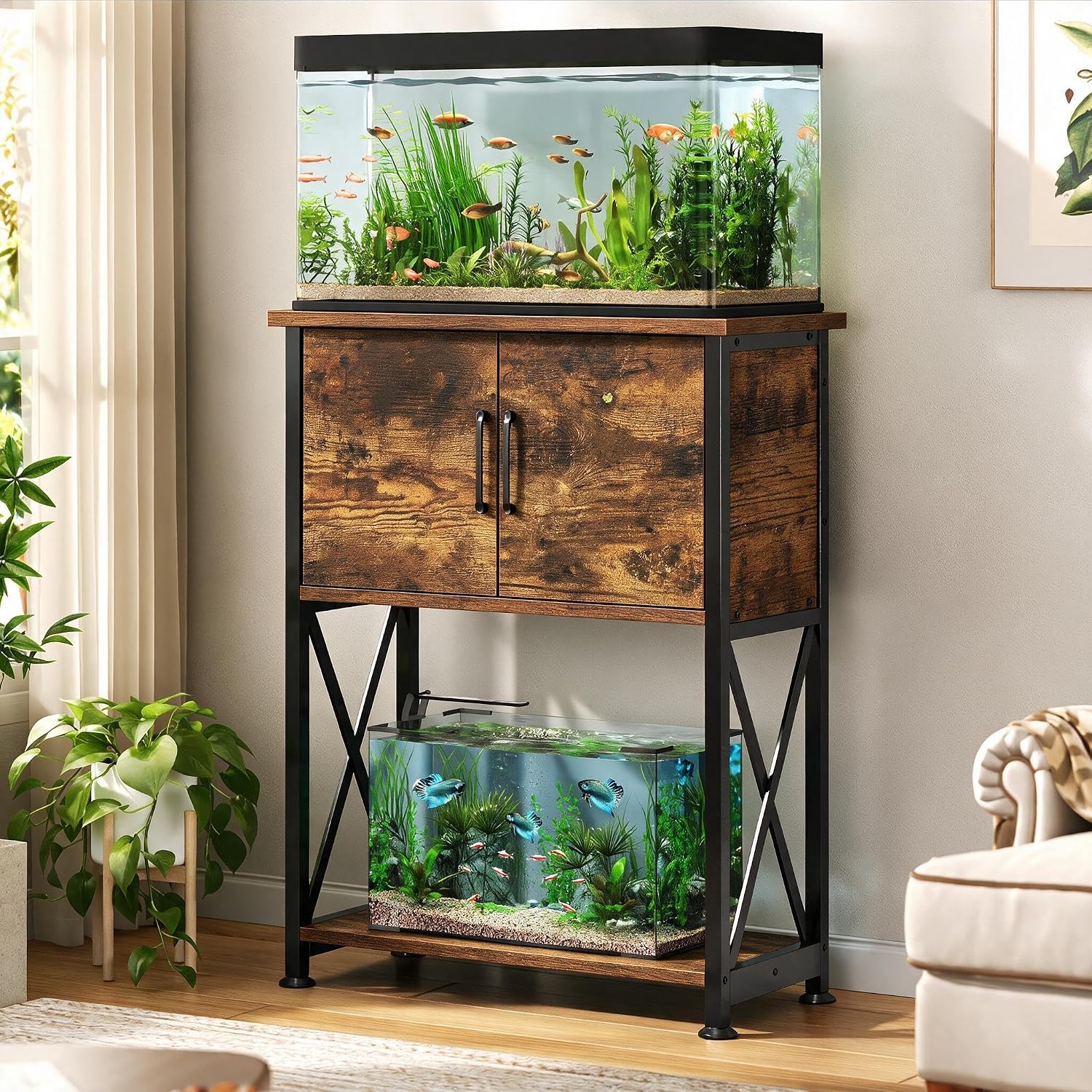 AUCT 24936 - 5-10 Gallon Fish Tank Stand, Metal Double Aquarium Stand with Cabinet for Fish Tank Access - Image 2