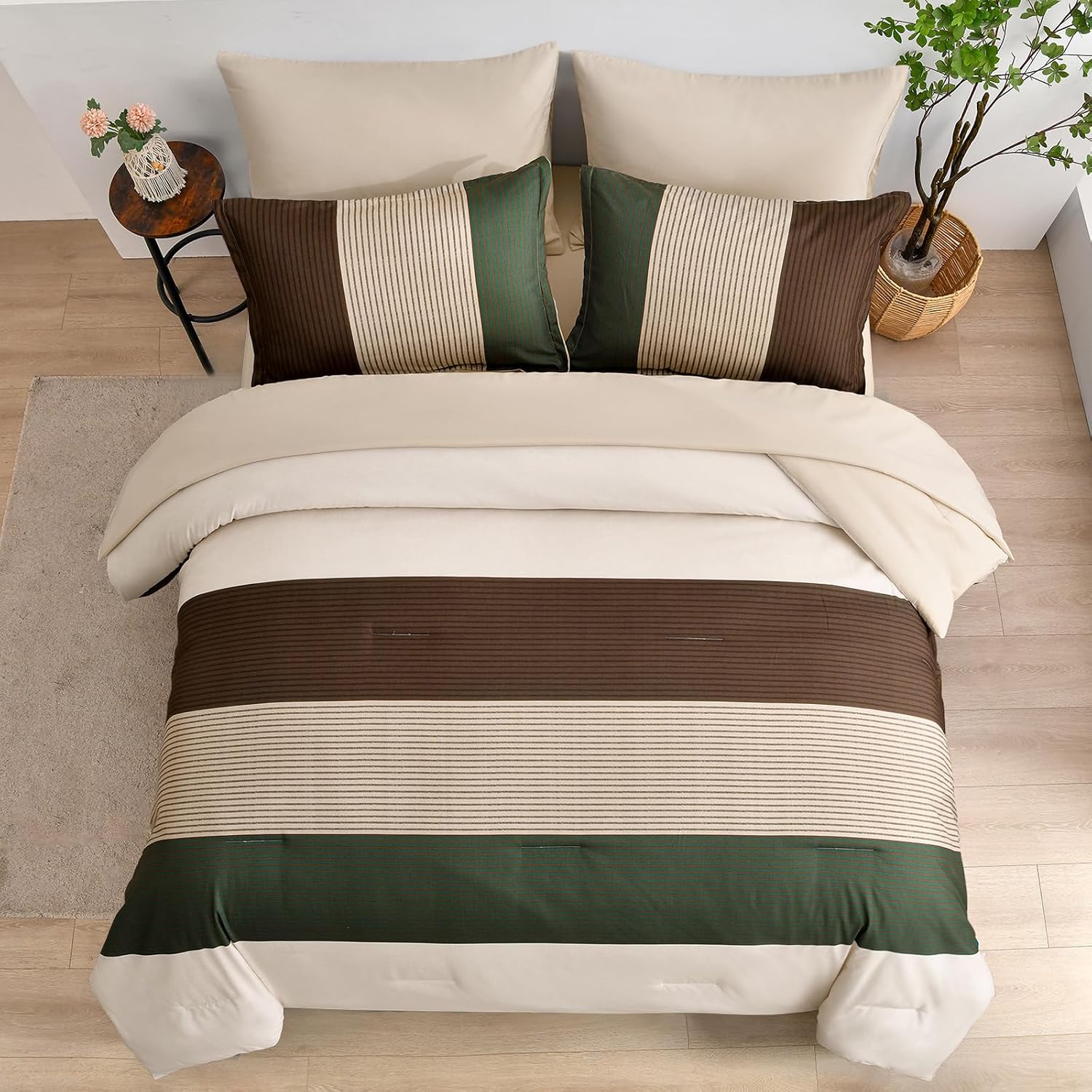 AUCT 22989 - $57 Anibedding Striped Comforter Set Queen Size, Boho Brown Green Striped Bedding Comforte - Image 3