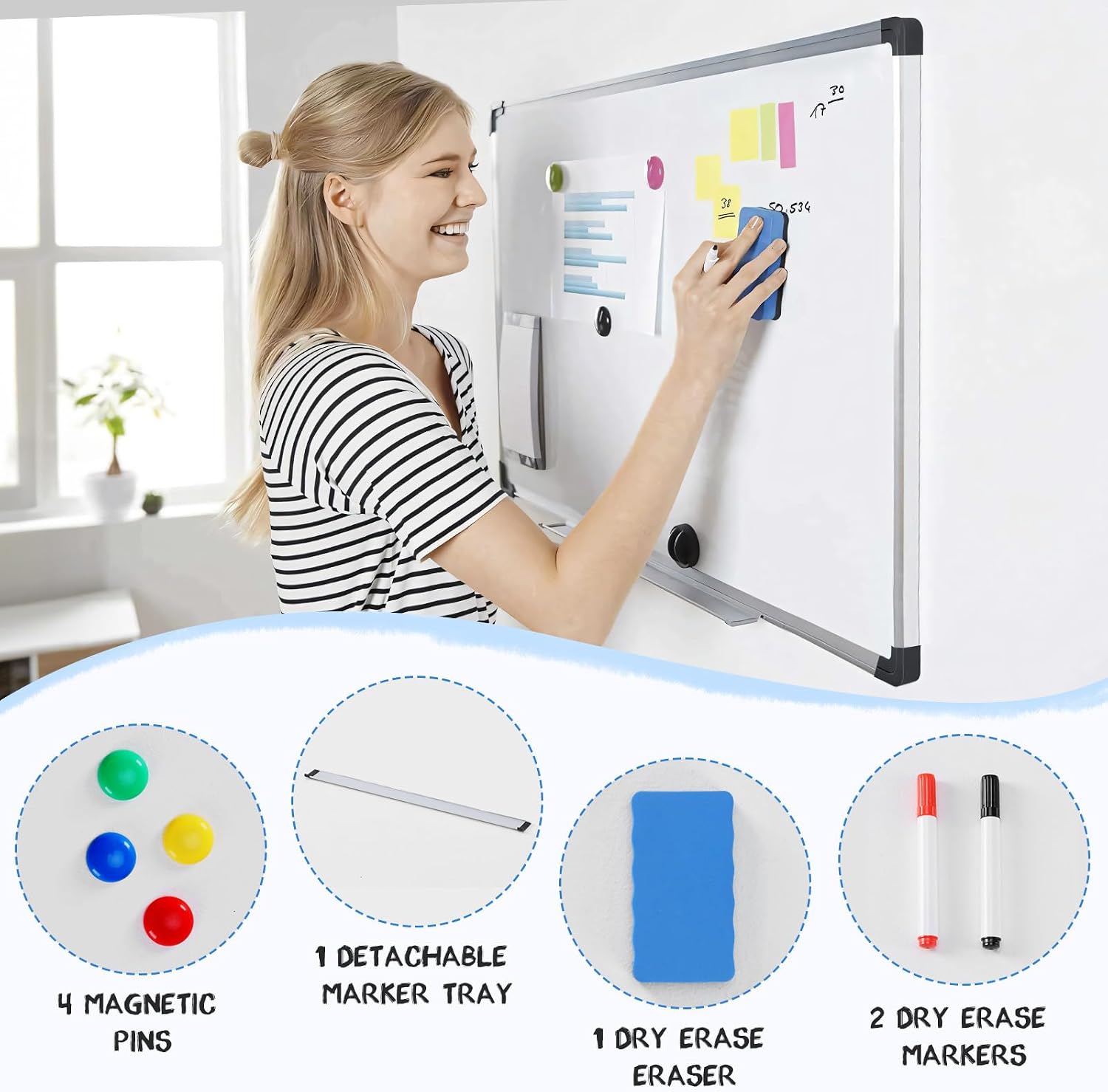 AUCT 22878 - DUMOS Magnetic White Board Kit for Wall 36" x 24", Dry Erase Board with 1 Dry Eraser & 2 M - Image 2