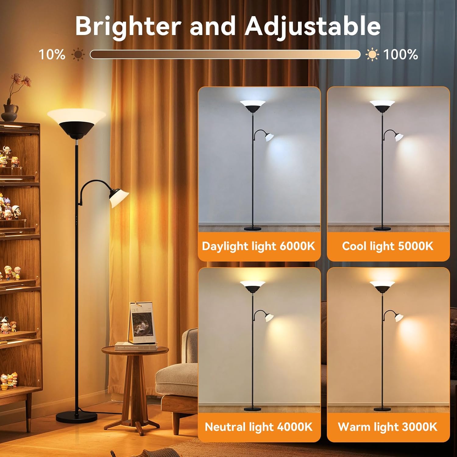 AUCT 23273 - $87 SIBRILLE 2-in-1 Torchiere Floor Lamp, 34W Super Bright LED Standing Lamp with Remote & - Image 4