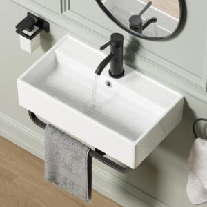 AUCT 24881 - $119 Wall Mount Rectangular Vessel Sink with Towel Rack, QISHKA 21.5"x12.5" Modern Ceramic