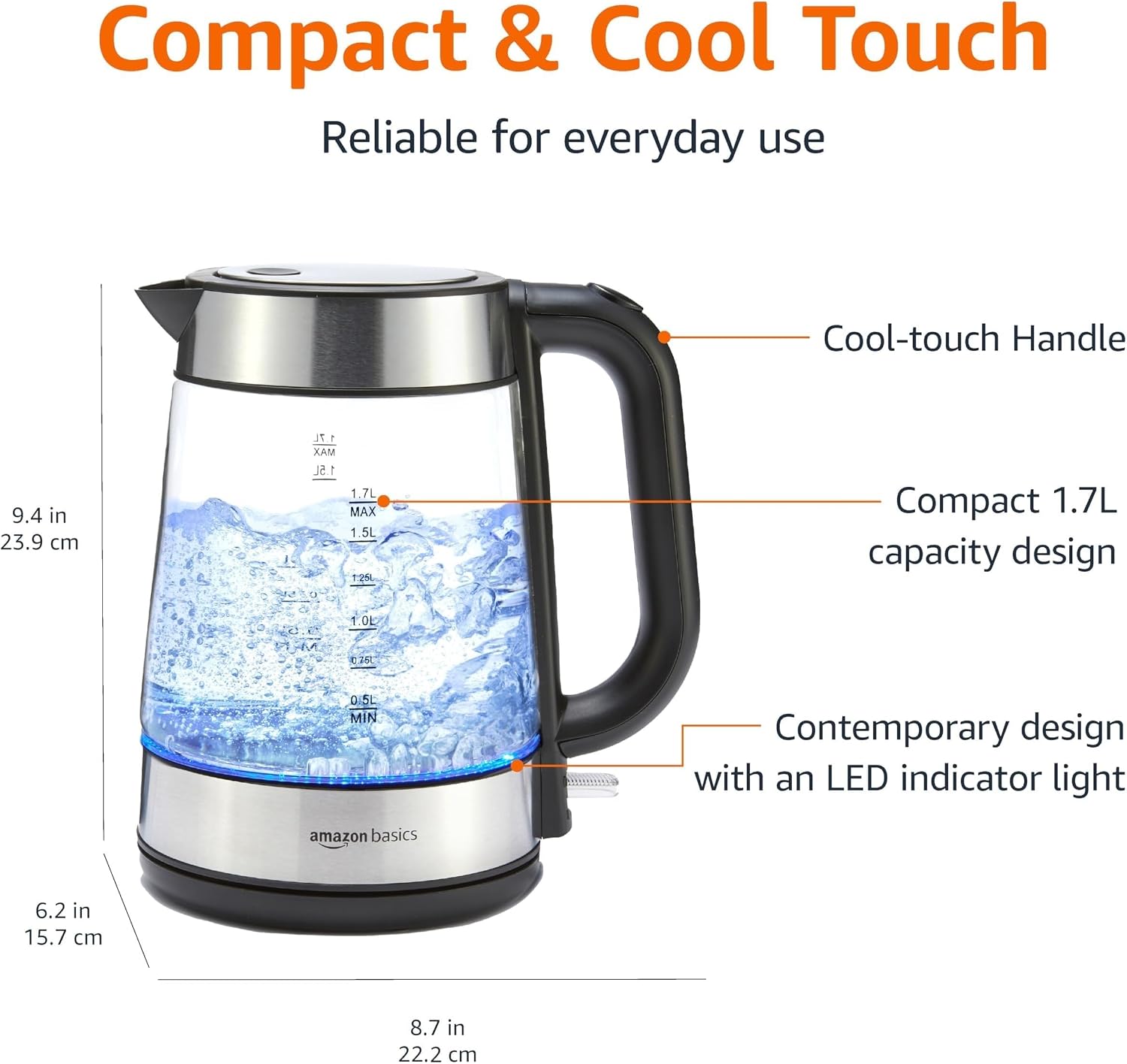 AUCT 23080 - Amazon Basics Electric Kettle with Glass Carafe for Tea and Coffee, BPA-Free, Fast Boiling - Image 2