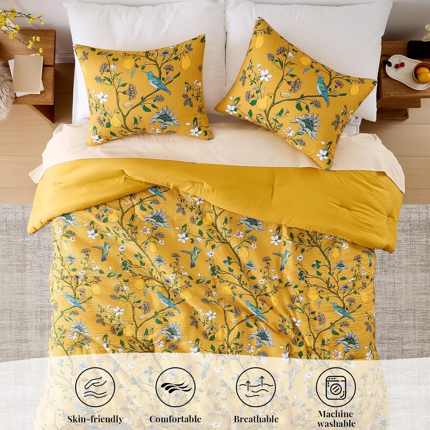 AUCT 22975 - $53 MUSSEL Yellow Bedding Queen Comforter Set 3 Pieces,Vintage Botanical Floral Pattern Be - Image 3