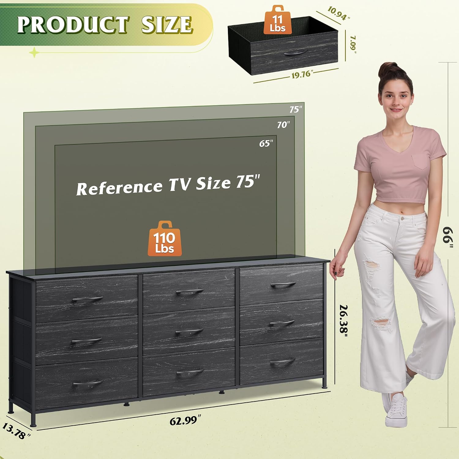 AUCT 23281 - $86 WLIVE Dresser TV Stand for 75 Inches TV, 9 Fabric Drawers, Black Wood Grain - Image 3