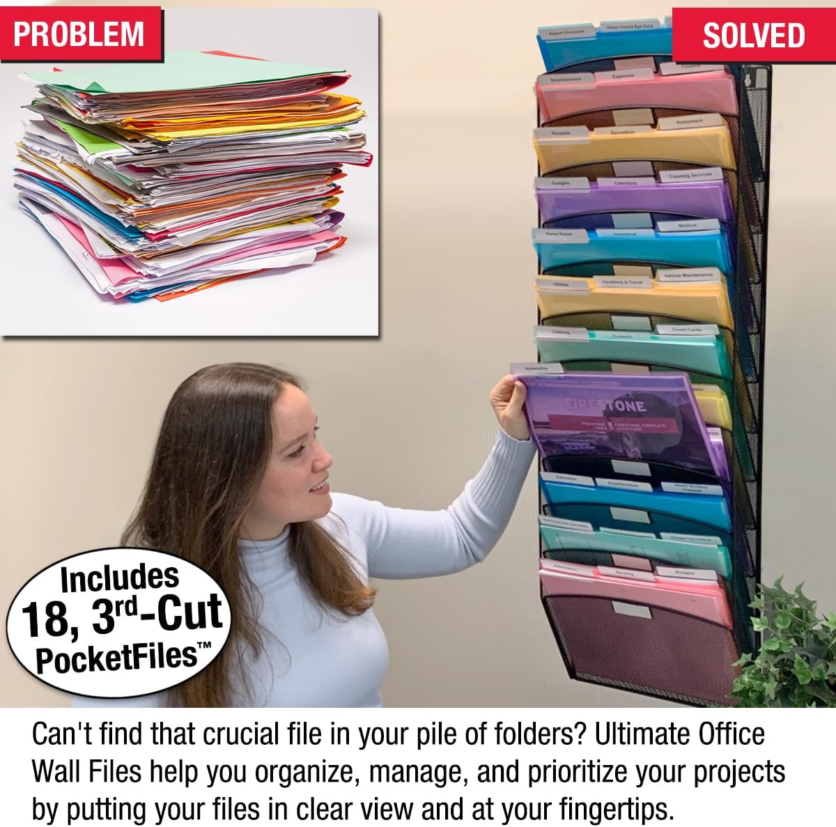 AUCT 22784 - Ultimate Office Mesh Hanging Wall File Organizer, 12 Tier + 18 PocketFiles - Image 2
