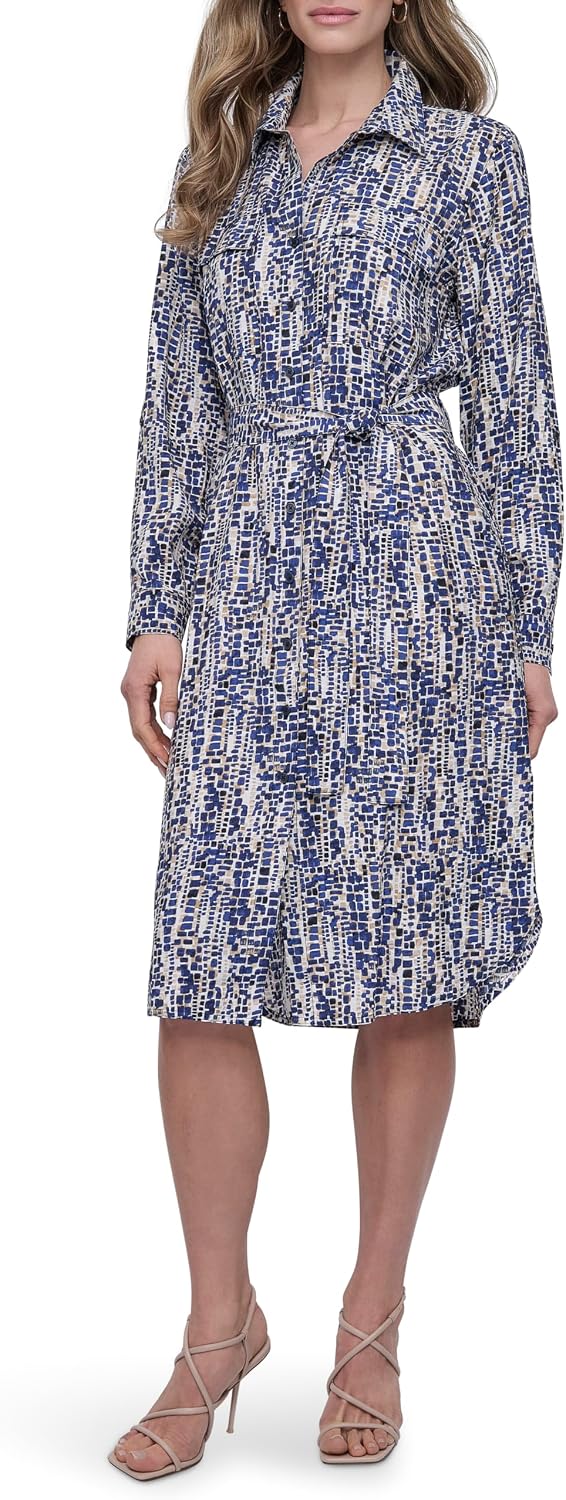 AUCT 24868 - $58 DKNY Women's Long Sleeve Collared Neck Belted Midi Shirtdress