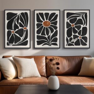 AUCT 22746 - $80 Framed Black and White Abstract Botanical Floral Wall Art, 3Piece 16x24 In