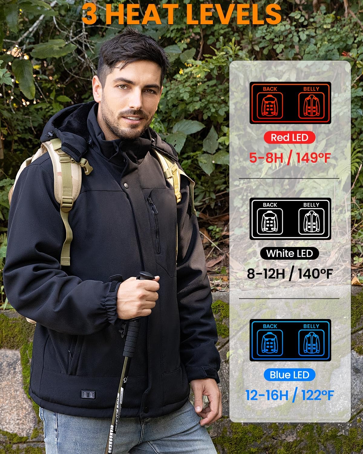 AUCT 23181 - $81 Heated Jacket for Men, Winter Windproof Electric Heating Coat with Detachable Hood - Image 2