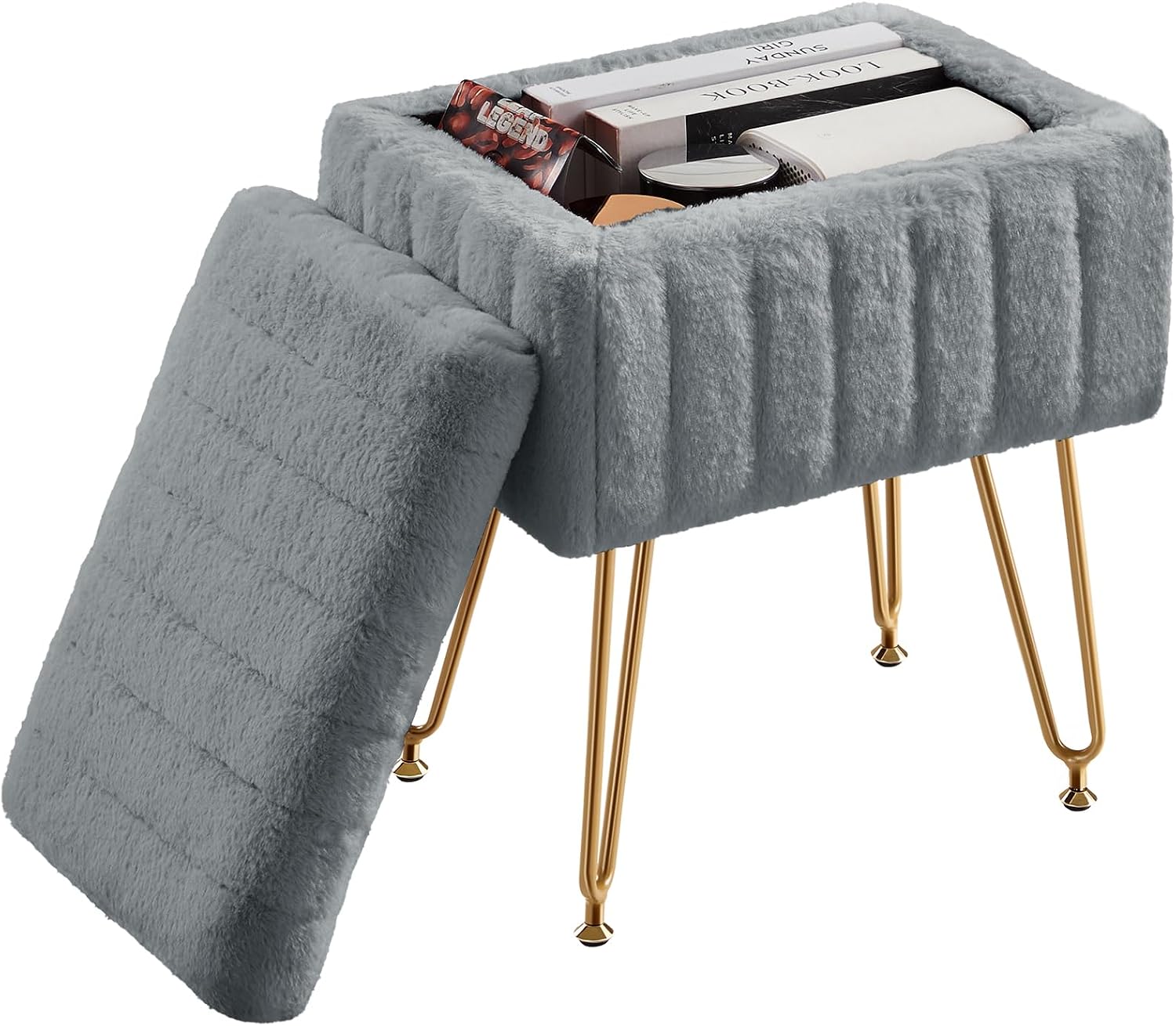 AUCT 23223 - Sweetcrispy Vanity Stool Chair with Storage, 18.9"H x 16"L x 12.2"W Ottoman Chair Faux Fur - Image 4