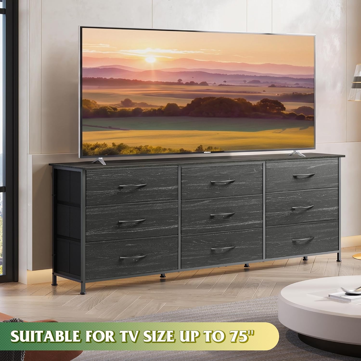 AUCT 23281 - $86 WLIVE Dresser TV Stand for 75 Inches TV, 9 Fabric Drawers, Black Wood Grain - Image 4
