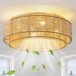 AUCT 24983 - $104 Rattan Boho Ceiling Fans Lights: 19.3' Low Profile Layered Ceiling Fans with Light &