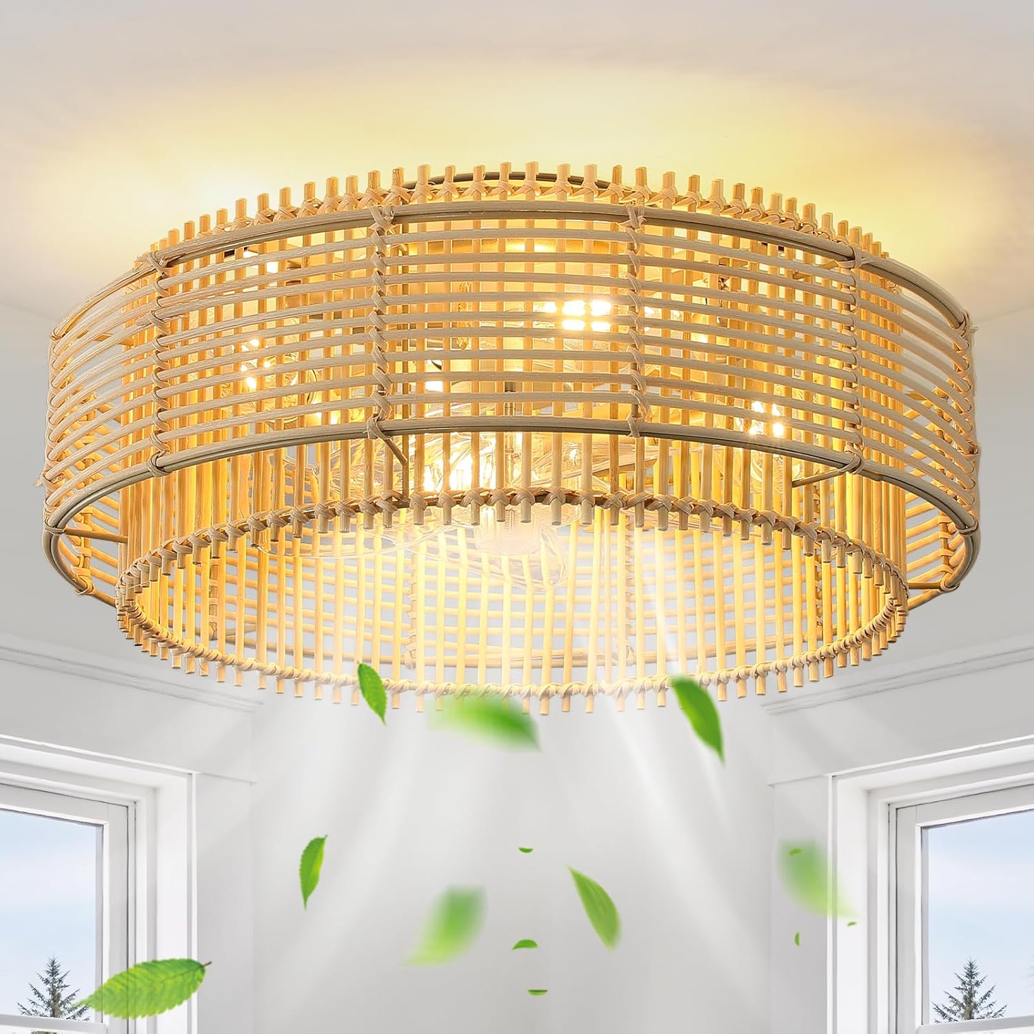 AUCT 24943 - $104 Rattan Boho Ceiling Fans Lights: 19.3' Low Profile Layered Ceiling Fans with Light &