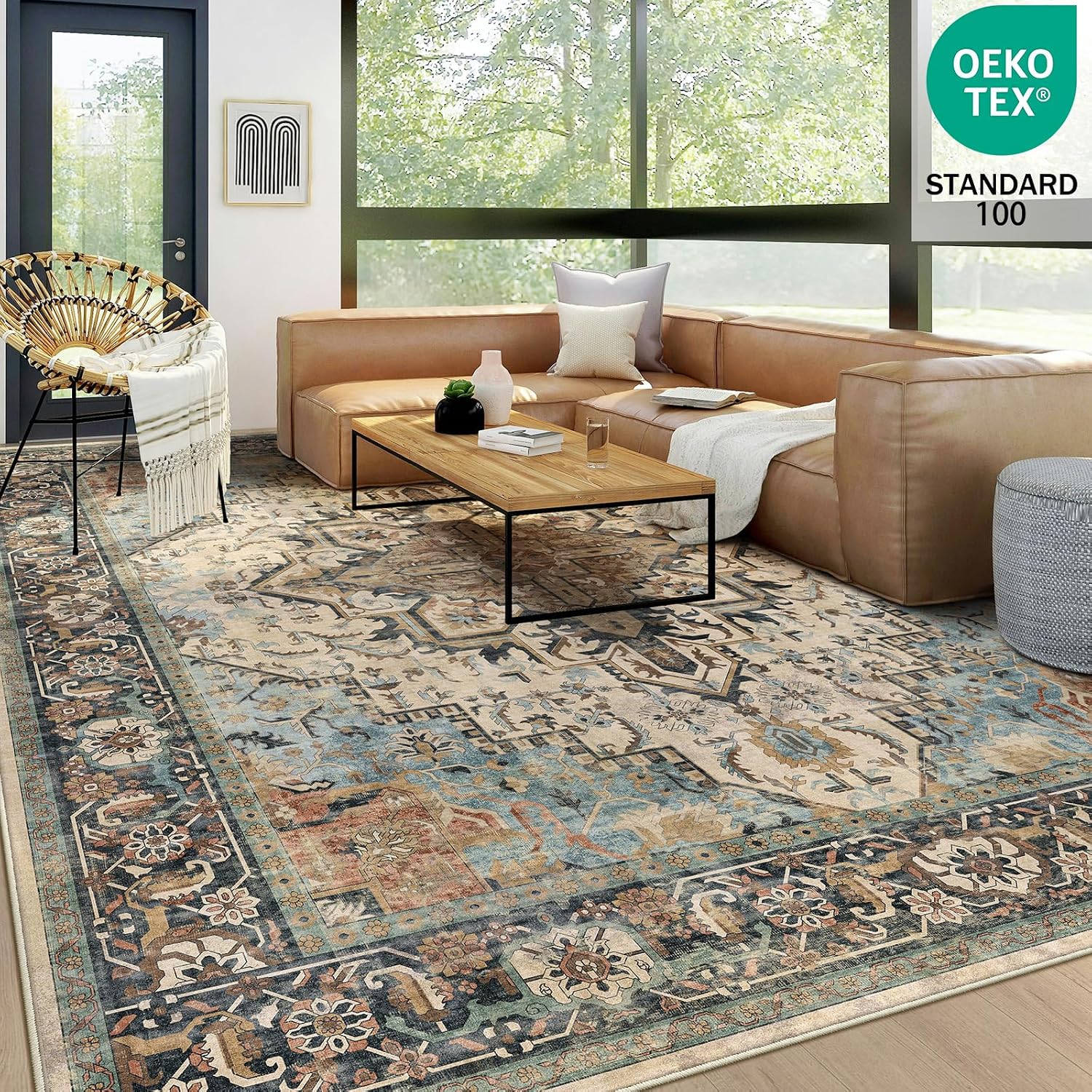 AUCT 22904 - $72 Washable 8x10 Area Rug Blue Vintage Floral Non-Slip for Living Room Bedroom - Image 3