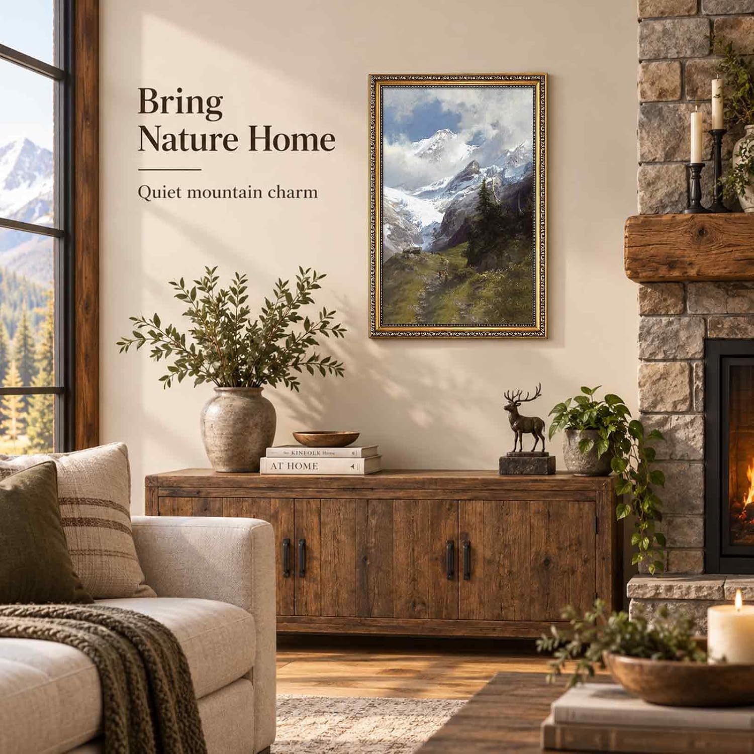 AUCT 24798 - KISSFOX Gold Framed Wall Art Vintage Wall Decor Landscape Canvas Art Snow Mountain Picture - Image 2