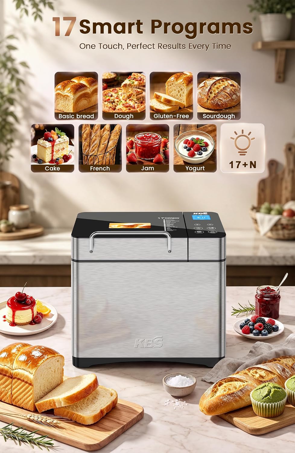 AUCT 24961 - $94 KBS Pro 710W 2.2LB Bread Maker, Stainless Steel 17-in-1 Smart Bread Machine with Healt - Image 2