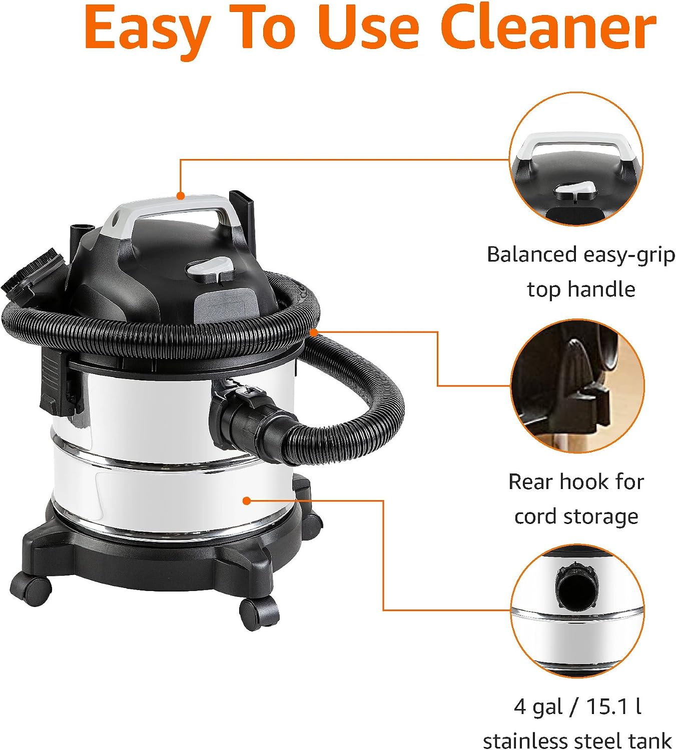AUCT 24956 - Amazon Basics Wet Dry Shop Vacuum Cleaner, 4 Gallon, 3 HP Stainless Steel, Grey/Black - Image 3