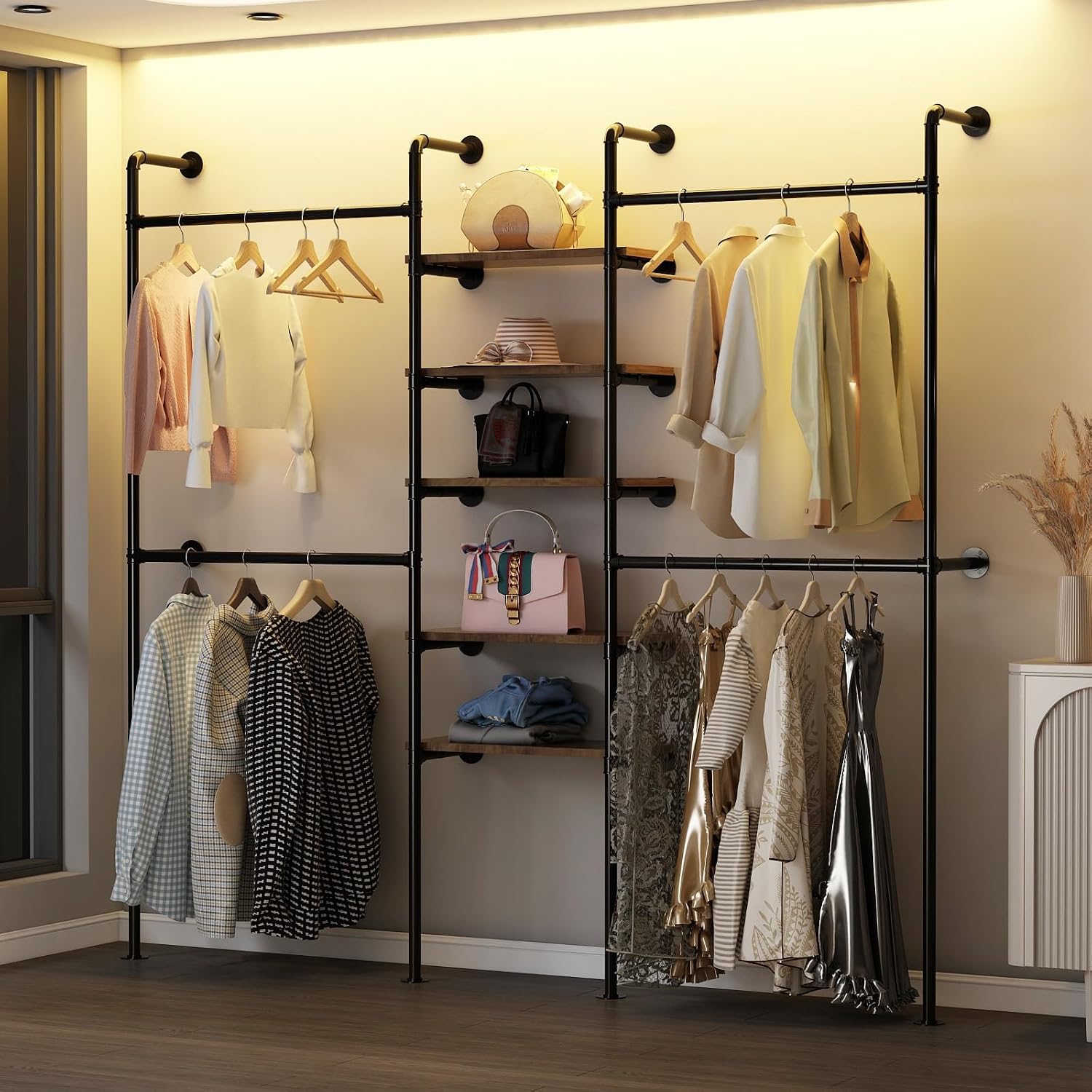 AUCT 24860 - $190 Industrial Pipe Clothing Racks with 5 Shelves, Wall Mounted Clothes Rack for Hanging