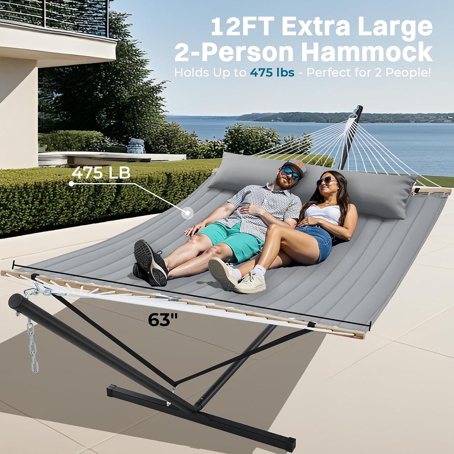 AUCT 24820 - $190 SUPERJARE Hammock with Stand, 2 Person Quilted Outdoor Hammock, Detachable Pillow & B - Image 3