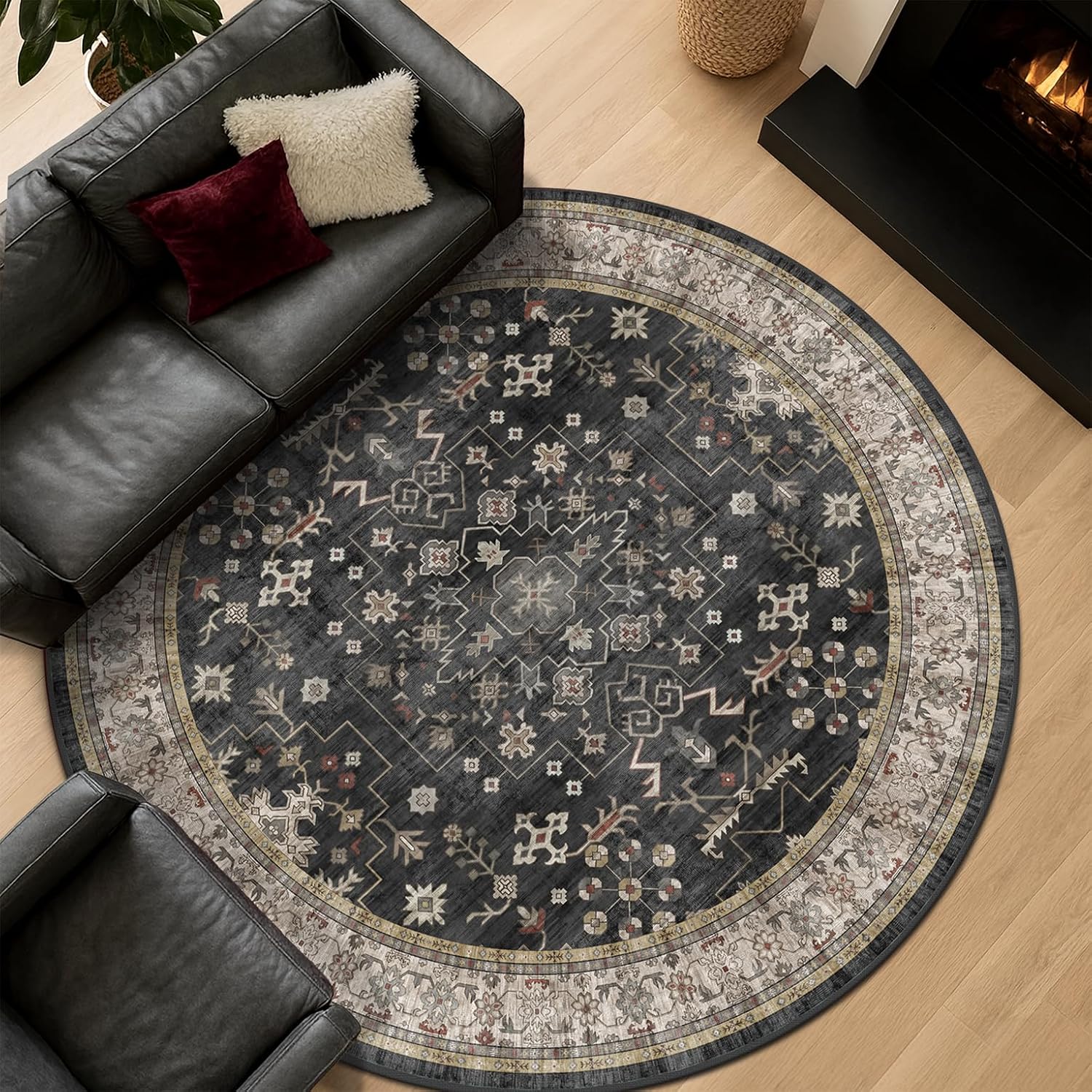 AUCT 22915 - $70 Black Boho Living Room Round Rug 6ft - Washable Dark Vintage Moody Low Pile Non Slip C - Image 3