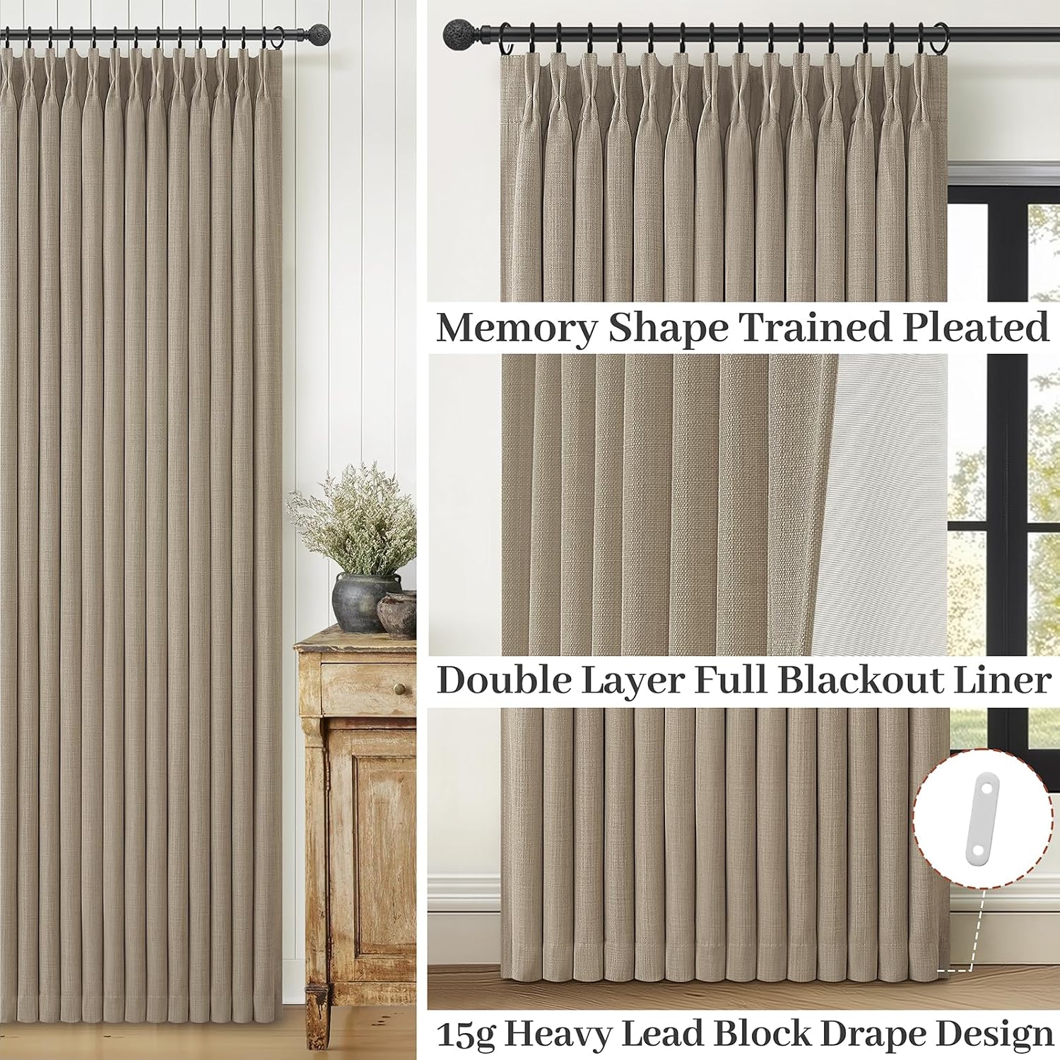 AUCT 24810 - $79 Blackout 4 Panels Set Pinch Pleated Linen Curtains 96 Inches Long for Living Room, Tau - Image 3