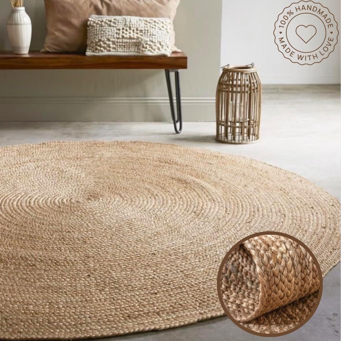 AUCT 22855 - $79 Handwoven Jute Braided Area Rug- Rustic Vintage Beige Reversible Rugs Eco Friendly Rug