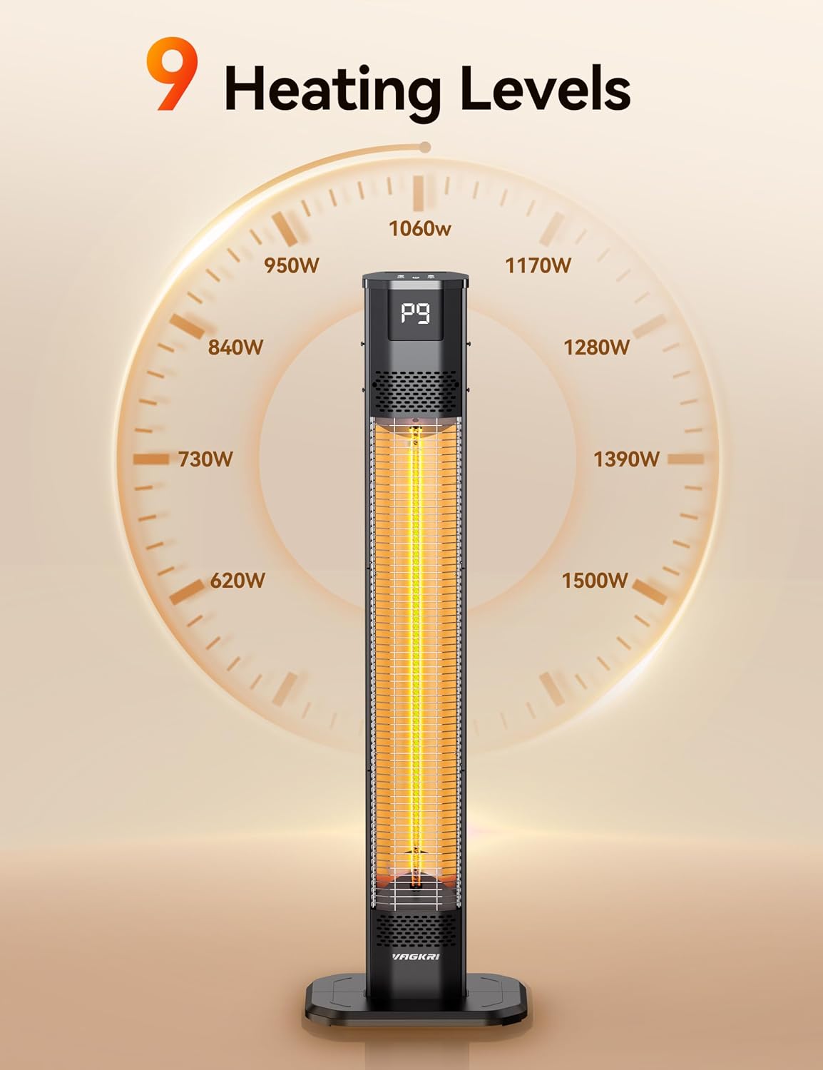 AUCT 24859 - $180 VAGKRI 42" 1500W Electric Outdoor Infrared Heater with Remote, 9 Heat Levels, 24H Tim - Image 4