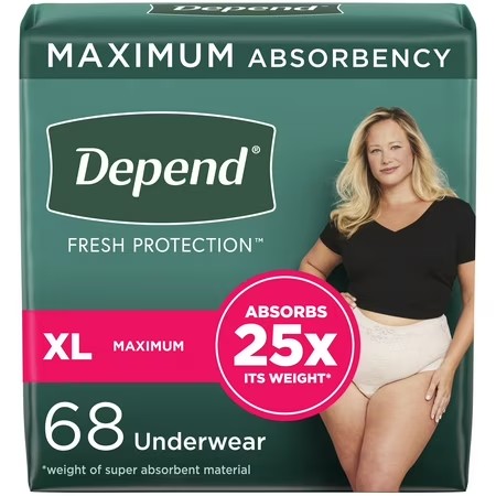 AUCT 24926 - $55 Depend Fresh Protection Adult Incontinence Underwear for Women, Maximum, XL, Blush, 68
