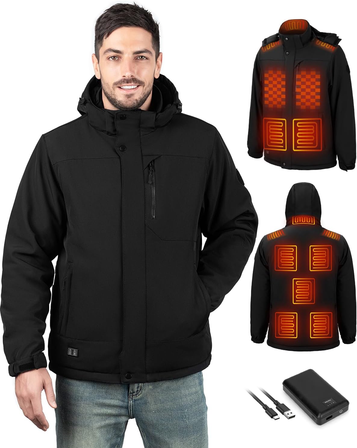 AUCT 23181 - $81 Heated Jacket for Men, Winter Windproof Electric Heating Coat with Detachable Hood