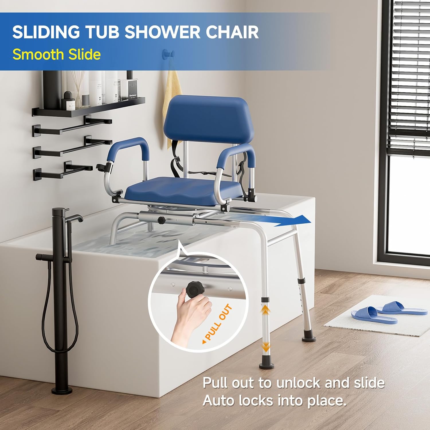 AUCT 24819 - $200 Loyoda Sliding Shower Chair with Swivel Seat for Seniors 350 Lb Capacity - Image 2