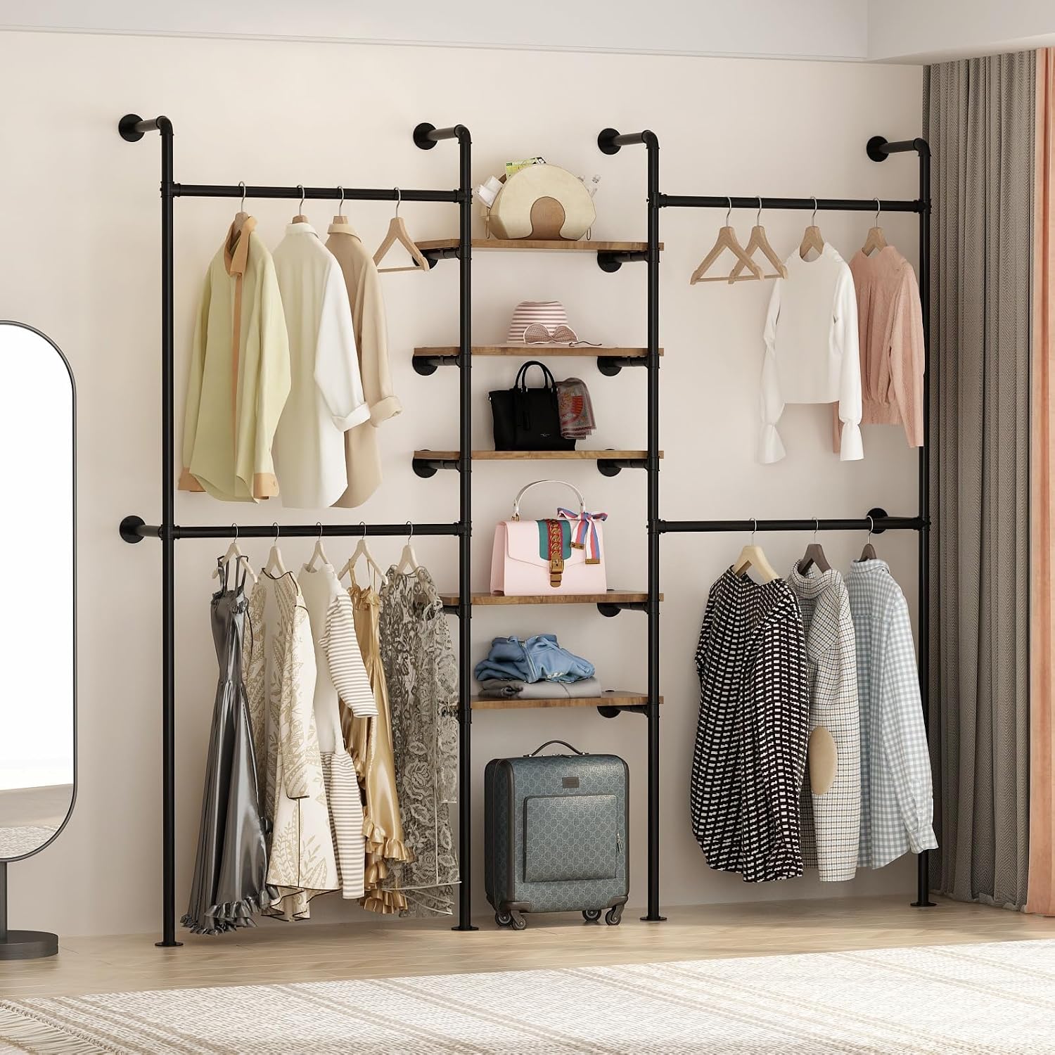 AUCT 24860 - $190 Industrial Pipe Clothing Racks with 5 Shelves, Wall Mounted Clothes Rack for Hanging - Image 2