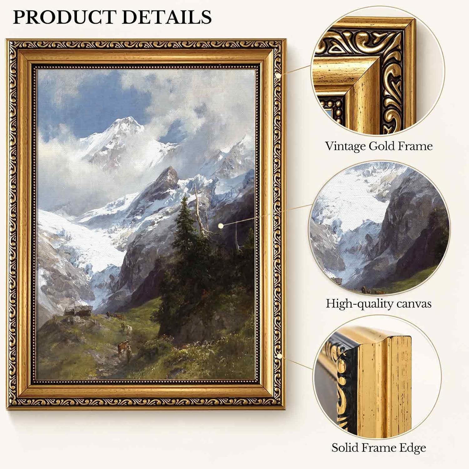 AUCT 24798 - KISSFOX Gold Framed Wall Art Vintage Wall Decor Landscape Canvas Art Snow Mountain Picture - Image 3